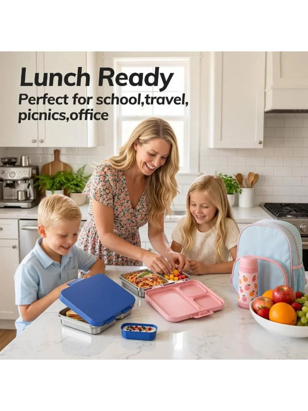 Leak-Proof Stainless Steel Bento Lunch Box, 3 Compartments, BPA-Free, 4.2 Cups